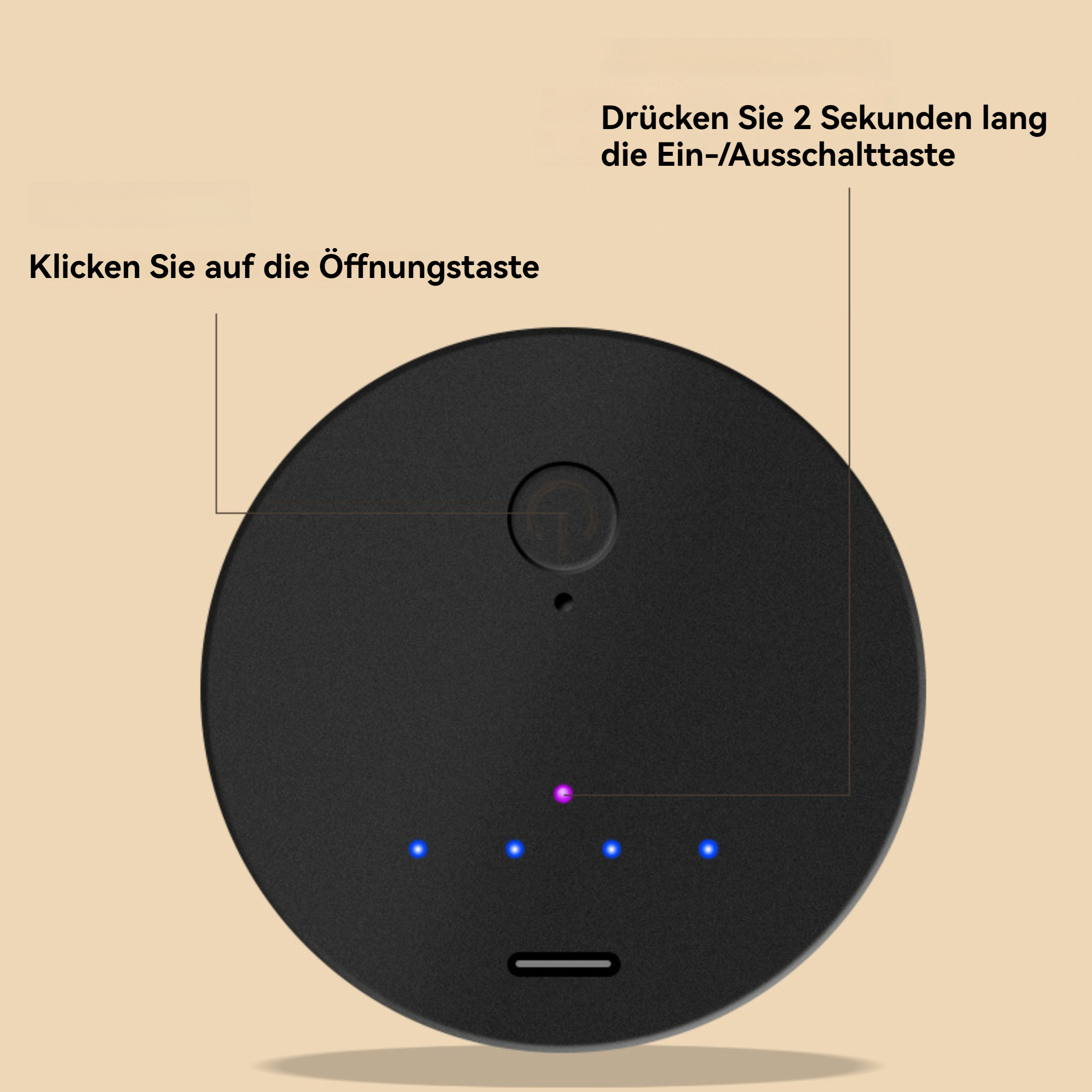 Schwarzes Gerät mit vier blauen Lichtern und einem Netzschalter. Anweisungen weisen auf den Netzschalter und die Öffnungstaste hin.