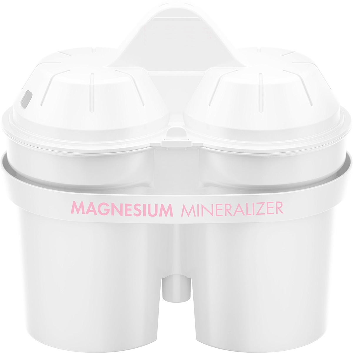 Weißer Wasserfilter mit zwei Kammern. Text: Magnesium-Mineralisierer.