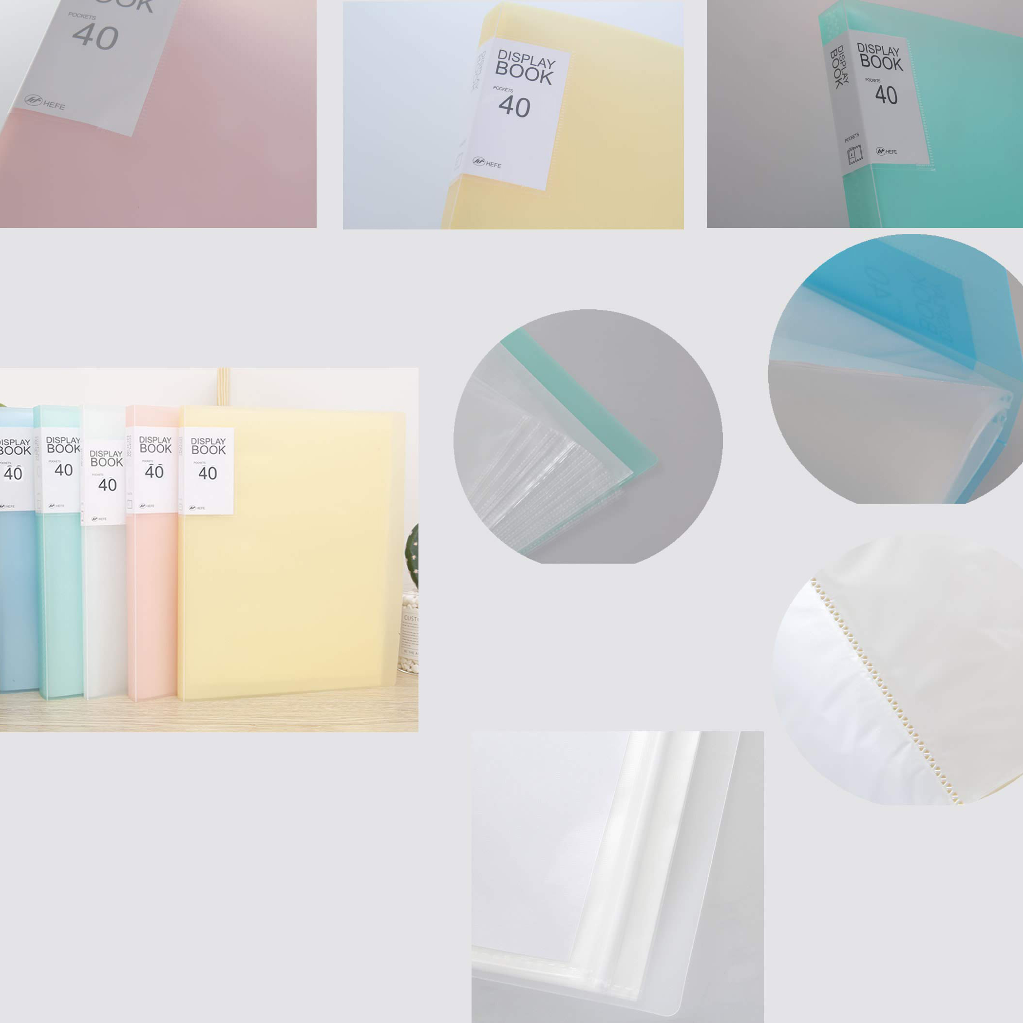 Mehrere Präsentationsbücher mit 40 Taschen in verschiedenen Farben. Nahaufnahmen zeigen Details der Taschen und Umschläge.