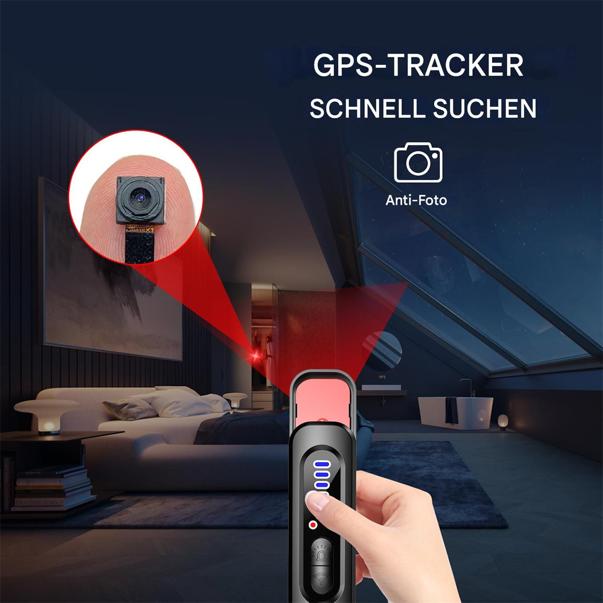 Ein GPS-Tracker-Gerät mit einem roten Laser, der auf eine winzige Kamera zeigt, und eine Nachtszene.