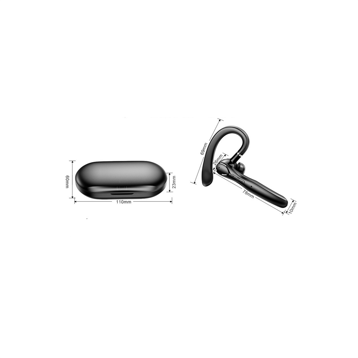 Schwarzes Bluetooth-Headset mit daneben beschrifteten Abmessungen und Ladecase.