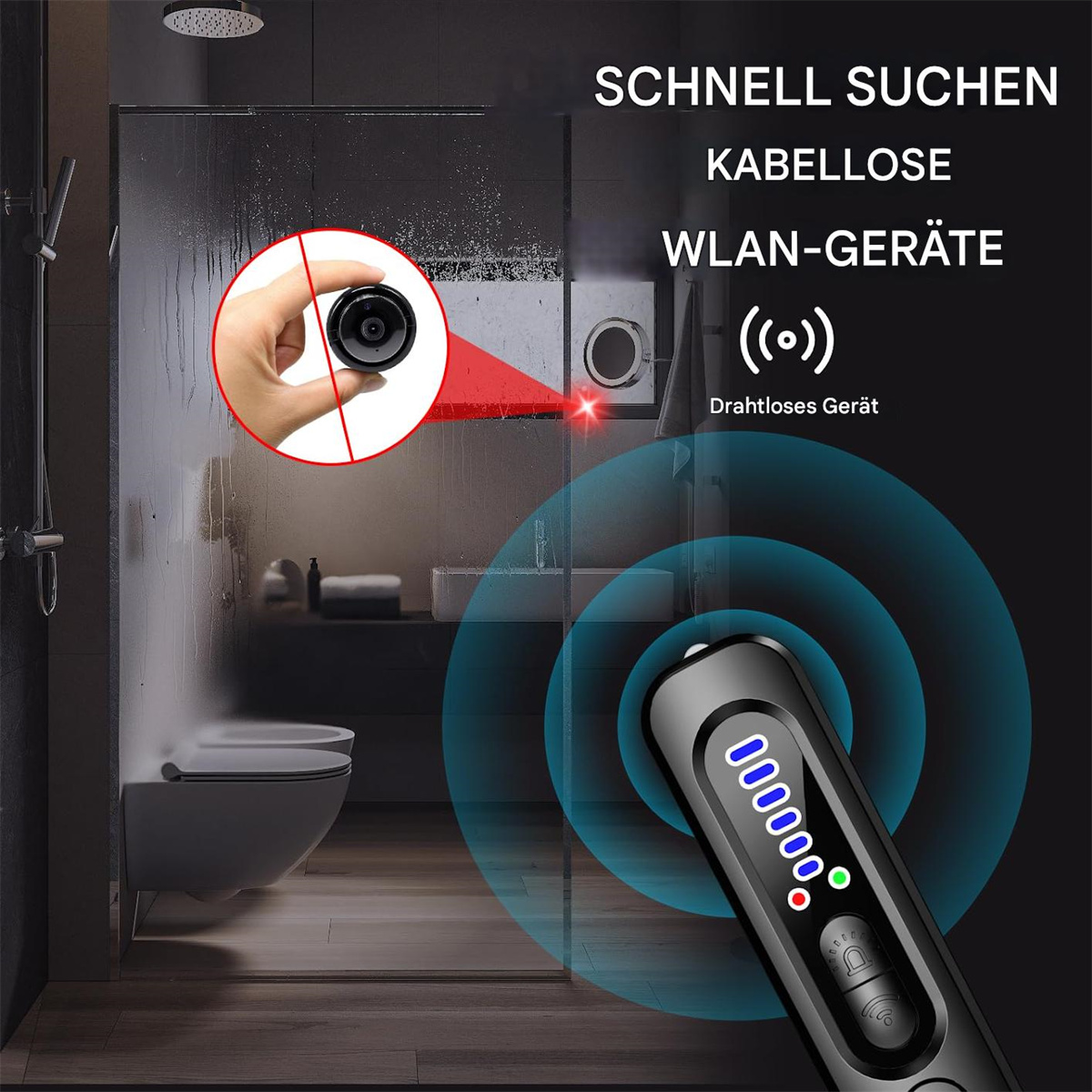 Eine Person, die einen versteckten Kameradetektor hält und eine Dusche mit einem roten Strahl scannt.