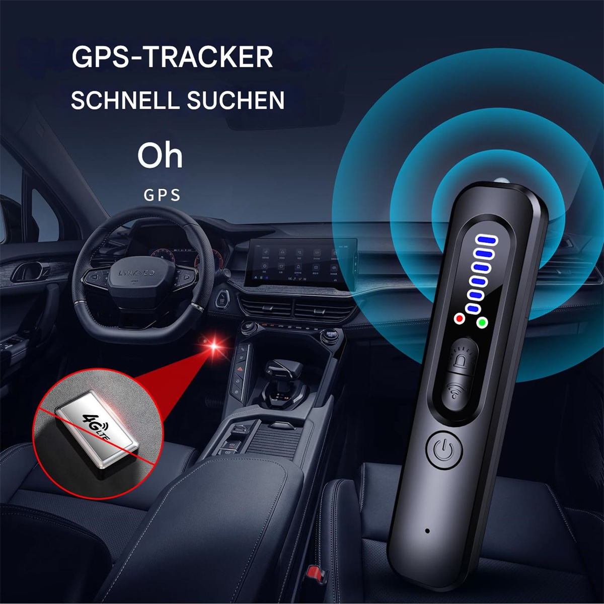 Ein GPS-Tracker-Gerät mit einem Autointerieur im Hintergrund und einem 4G-Abzeichen.