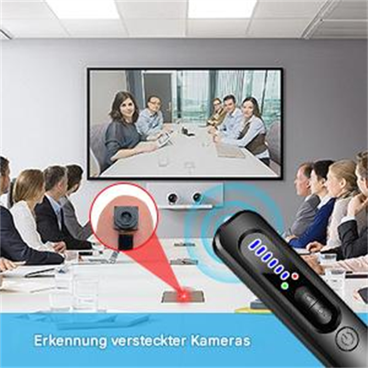 Ein Detektor für versteckte Kameras mit einem roten Laser, der auf einen Bildschirm mit Personen in einem Meeting zeigt.