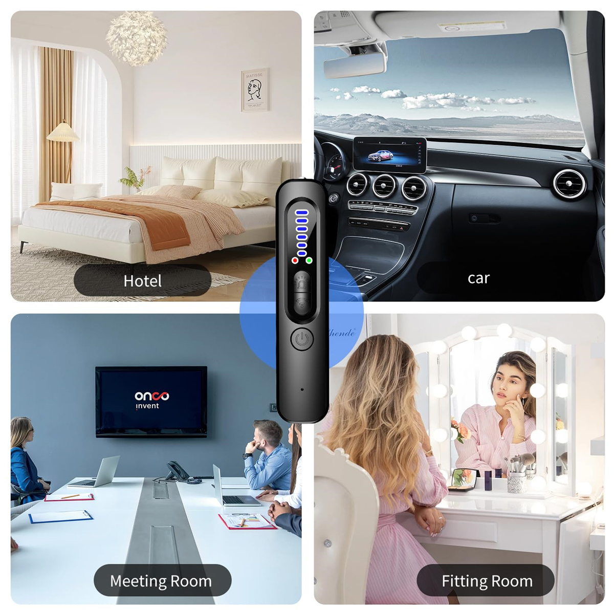 Collage von Szenen: Hotelzimmer, Autointerieur, Besprechungsraum und Umkleideraum.