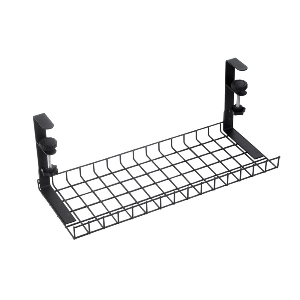 Schwarzer Kabelorganizer für unter dem Schreibtisch mit zwei Klemmen. Drähte können darin platziert werden.