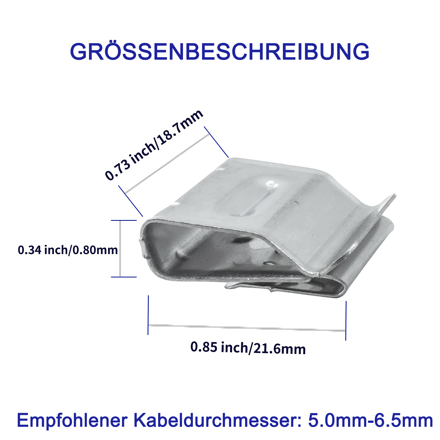 Eine Metallhalterung mit Messungen in Zoll und Millimetern. Der Text "Größenbeschreibung" steht oben.