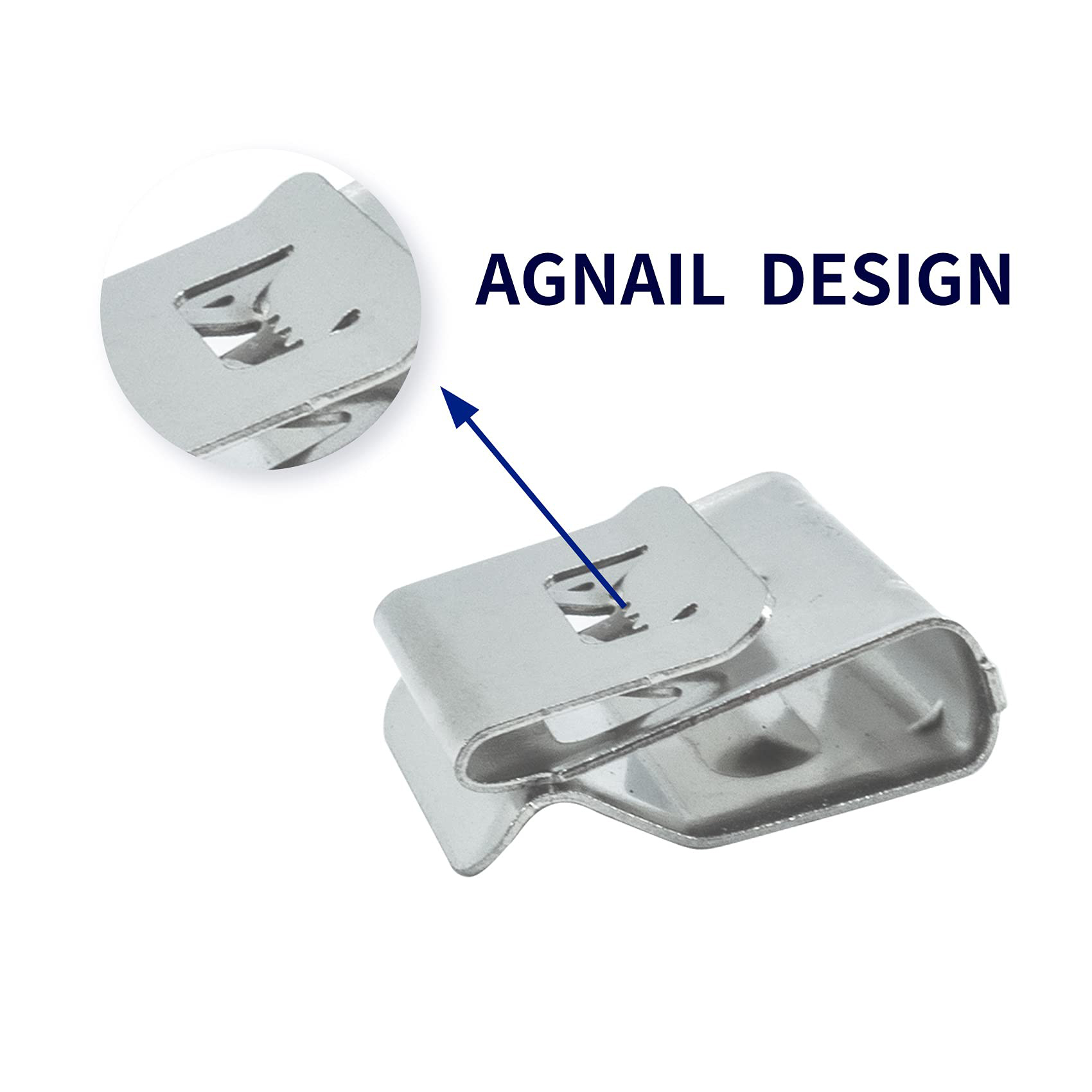 Nahaufnahme eines Metall-Agnail-Design-Clips, vergrößert.