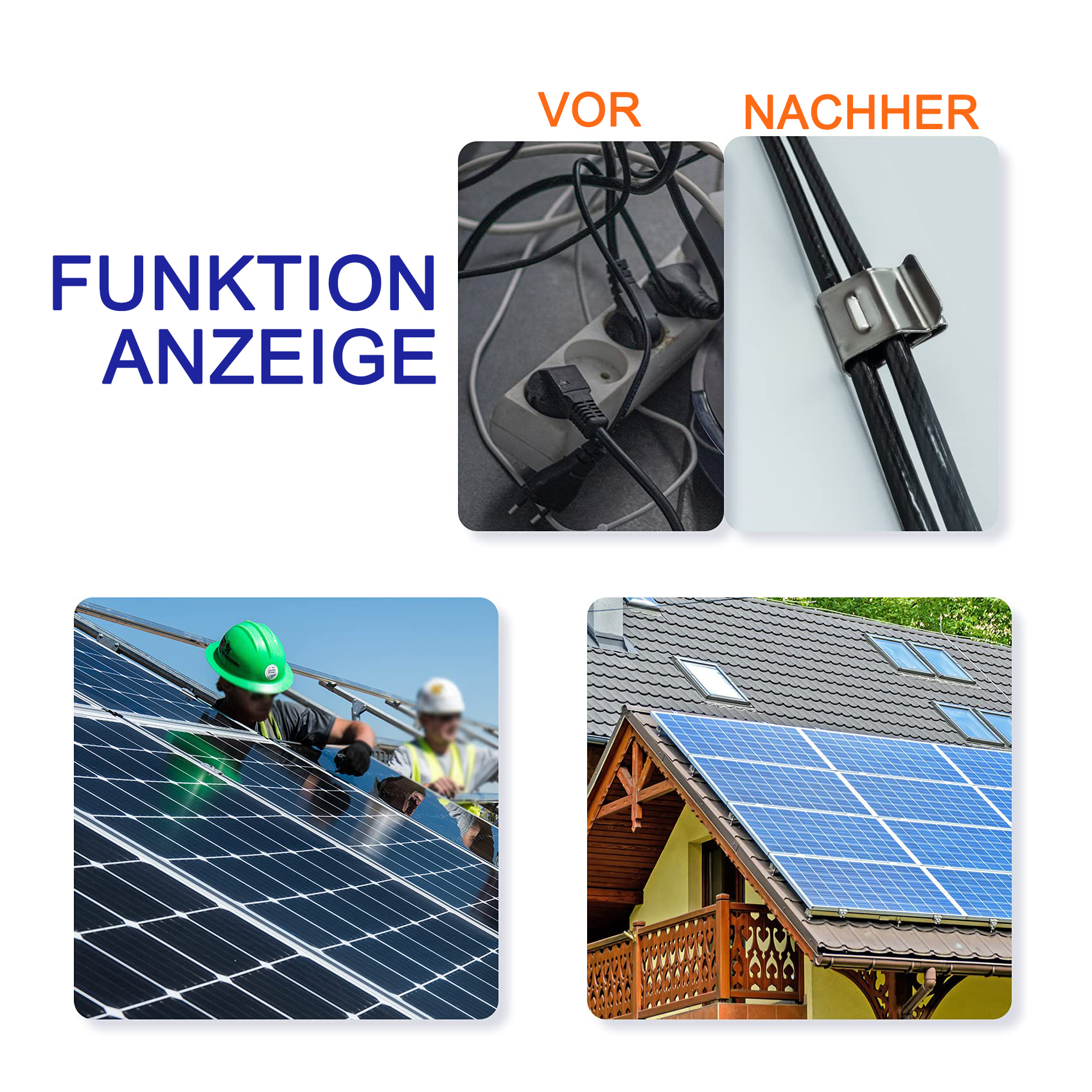 Bild mit Vorher/Nachher von Kabeln mit Clips, Solaranlagen-Installation.