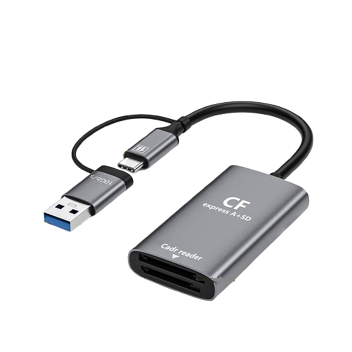 Ein grauer Kartenleser mit einem schwarzen Kabel und USB-Anschlüssen wird vor einem weißen Hintergrund angezeigt.