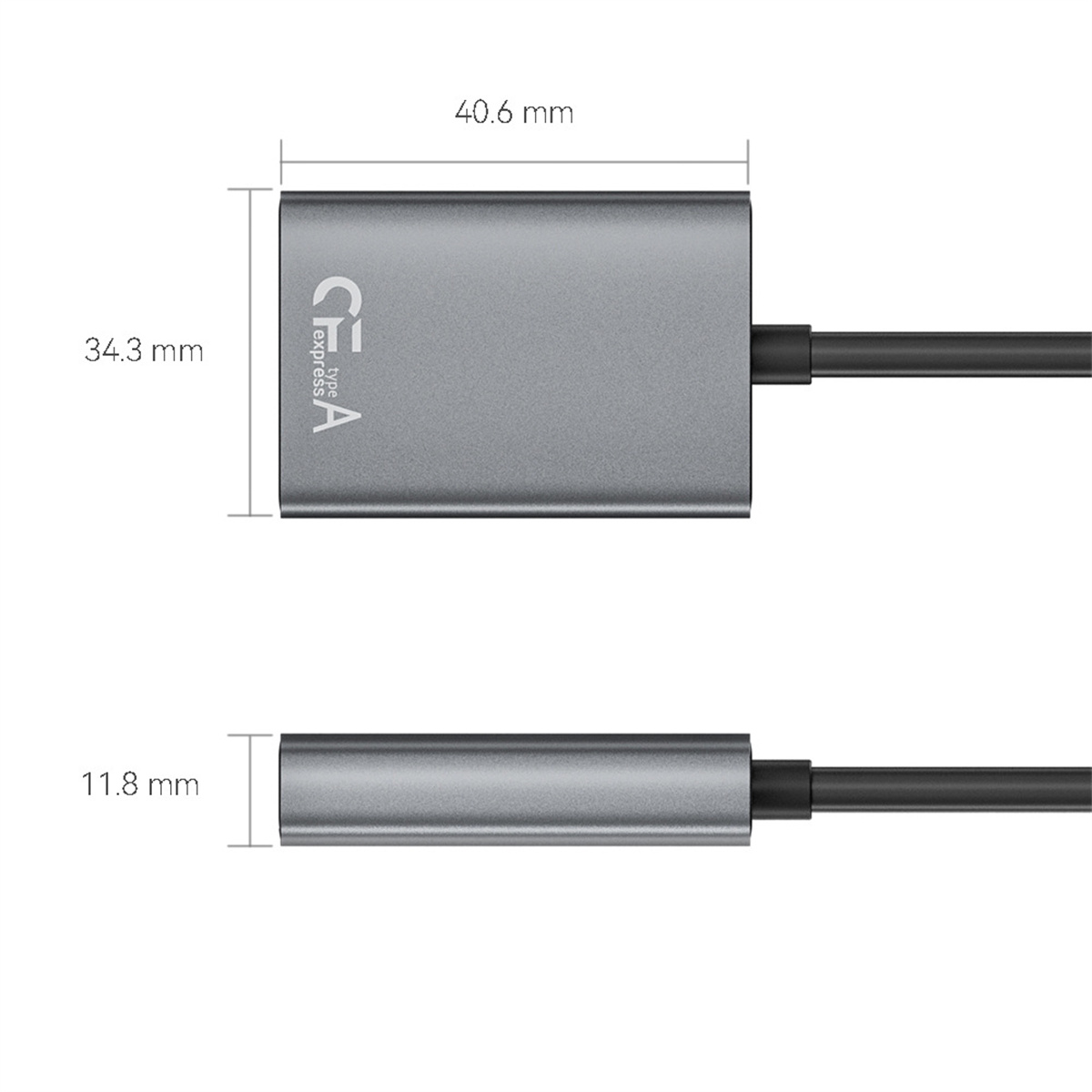 Ein grauer Kartenleser mit einem schwarzen Kabel zeigt seine Abmessungen: 40,6 mm breit und 34,3 mm hoch.
