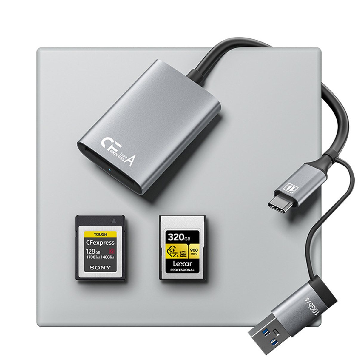 Kartenleser mit SD-Karten und CFexpress-Karte, verbunden mit USB-Kabel.