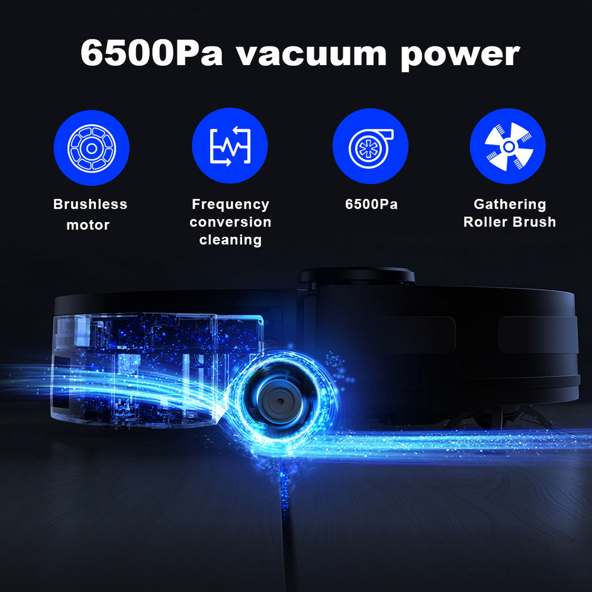 Zbliżenie czarnego robota odkurzacza z czterema ikonami i tekstem '6500Pa mocy'.