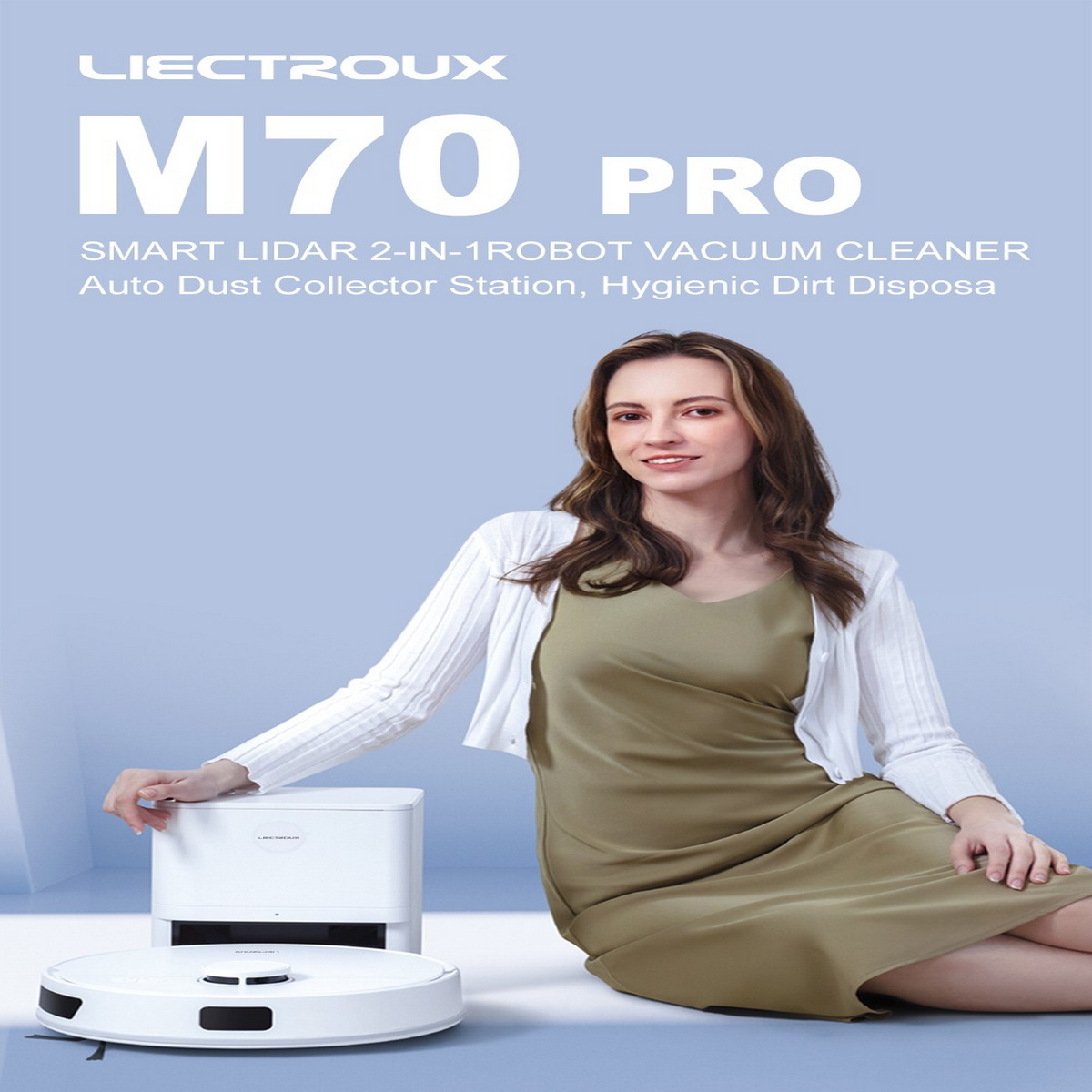 Kobieta w sukience pozuje z białym robotem odkurzaczem i białą stacją zbierania kurzu. Tekst: LIECTROUX M70 PRO.