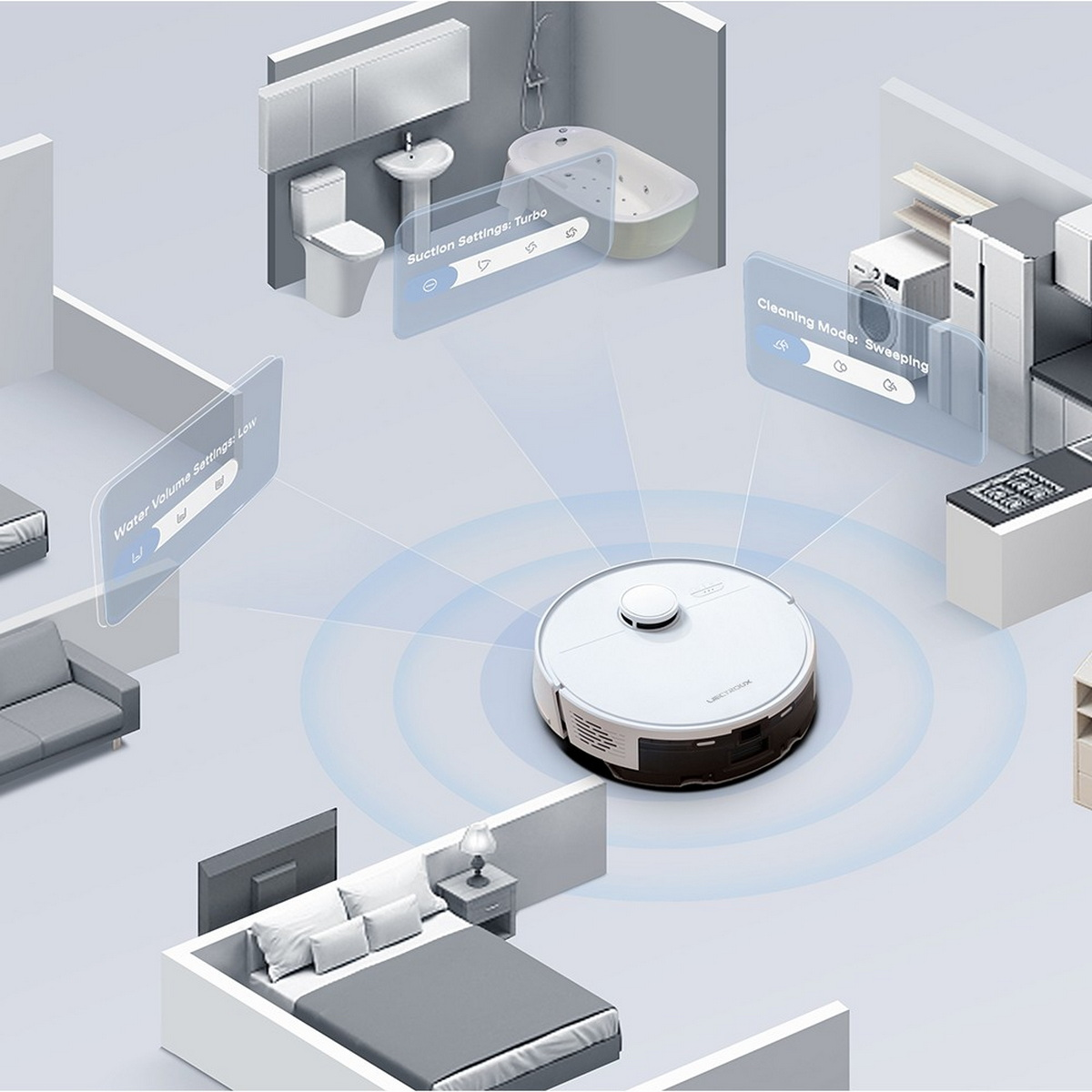Biały odkurzacz automatyczny zamiata dom, z ustawieniami wyświetlanymi dla objętości wody i ssania.