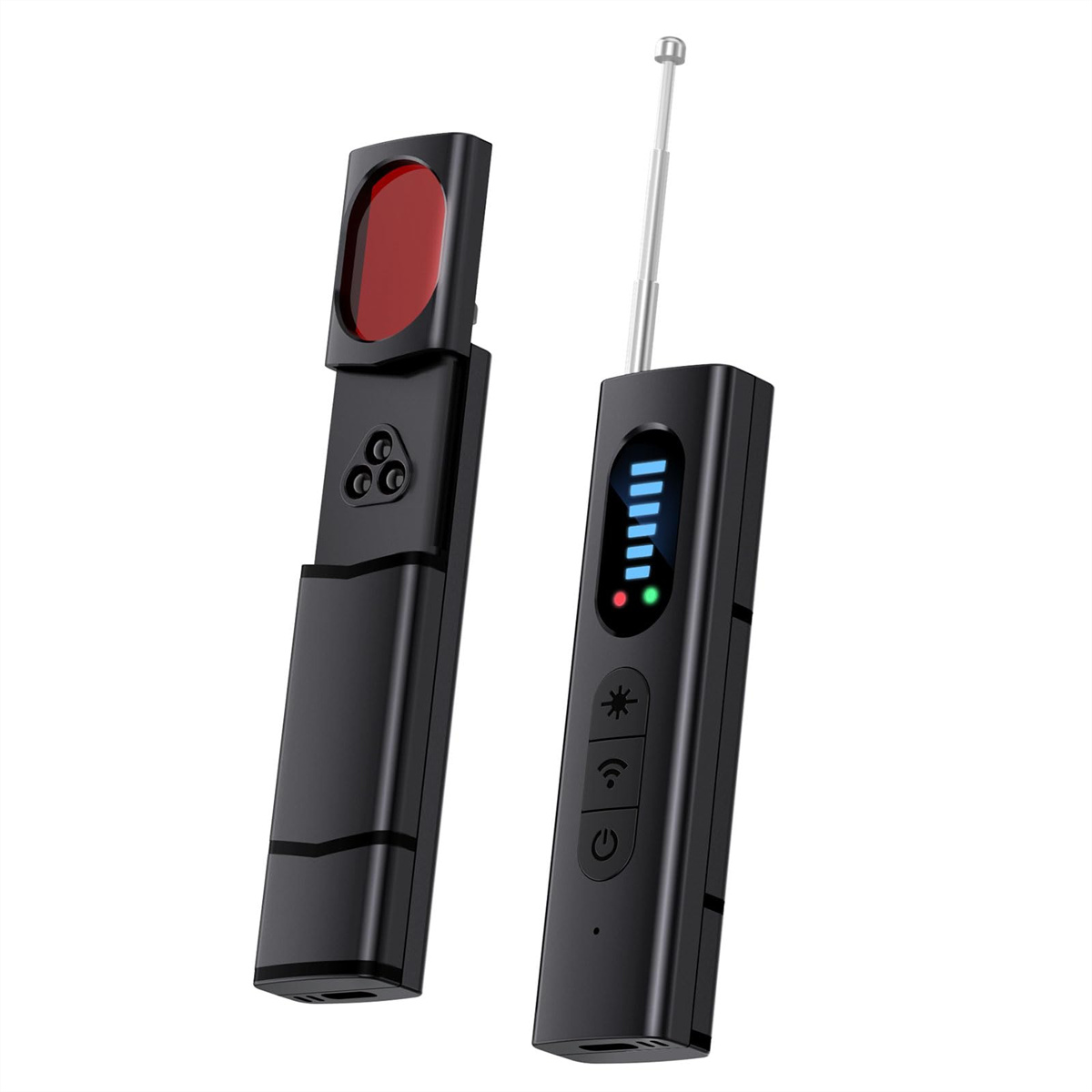 Ein schwarzer Detektor mit rotem Licht und Antenne, neben einem zweiten geöffneten Detektor.