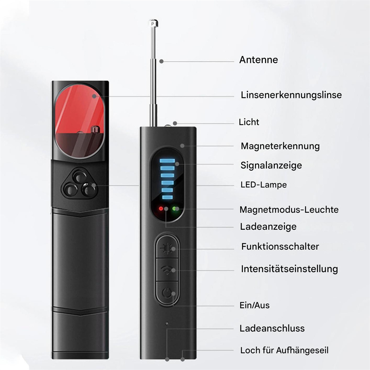 Schwarzes Gerät mit roter Linse, Antenne, LED-Leuchten und Tasten für Erkennung und Einstellungen.