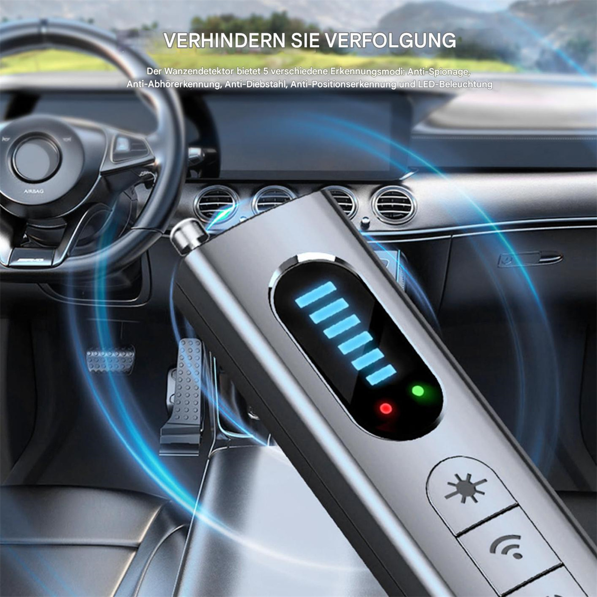 Silbernes Gerät im Autoinneren, das Signalbalken und Funktionstasten anzeigt.
