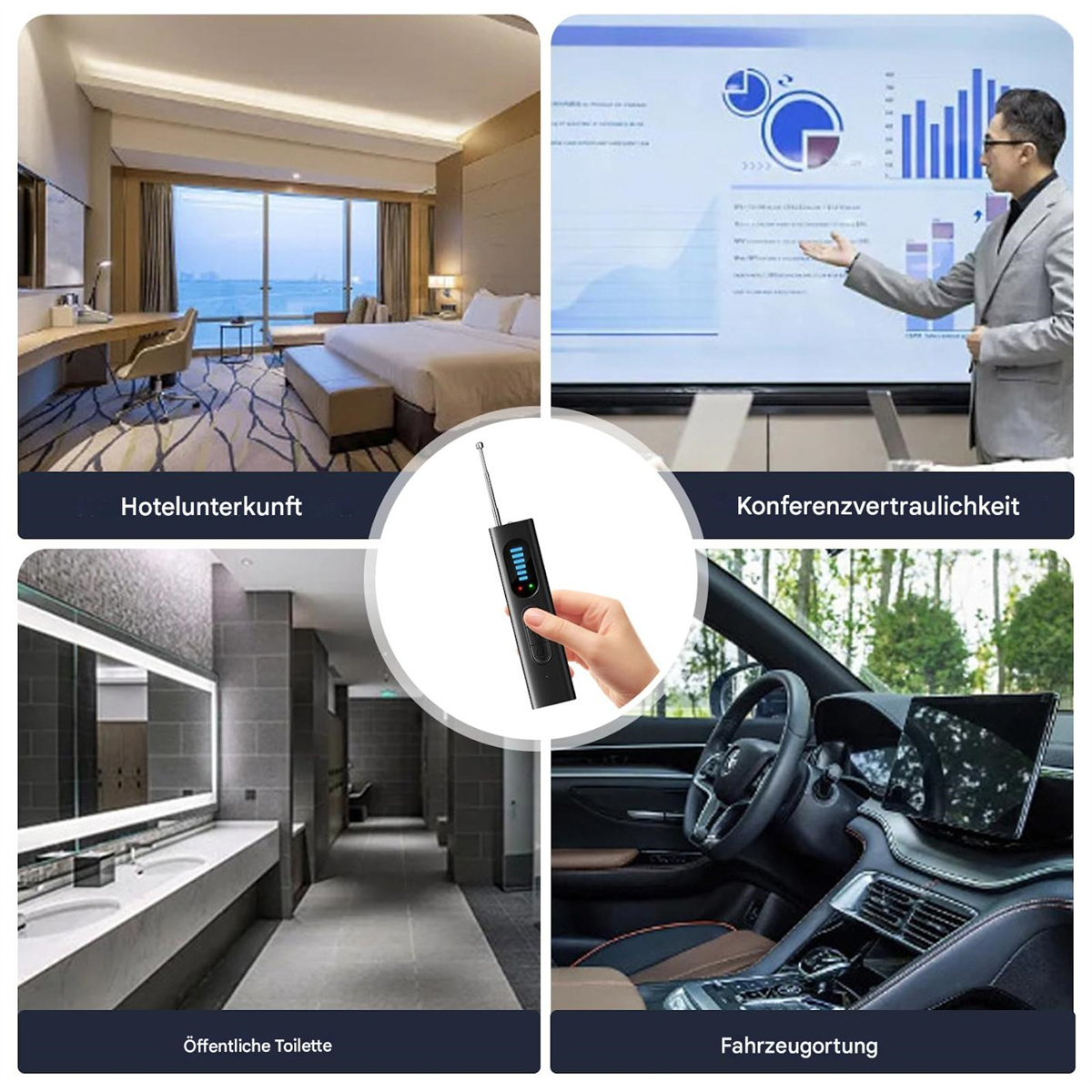 Collage, das die Verwendung des Geräts in Hotel, Konferenz, Badezimmer und Auto zeigt.