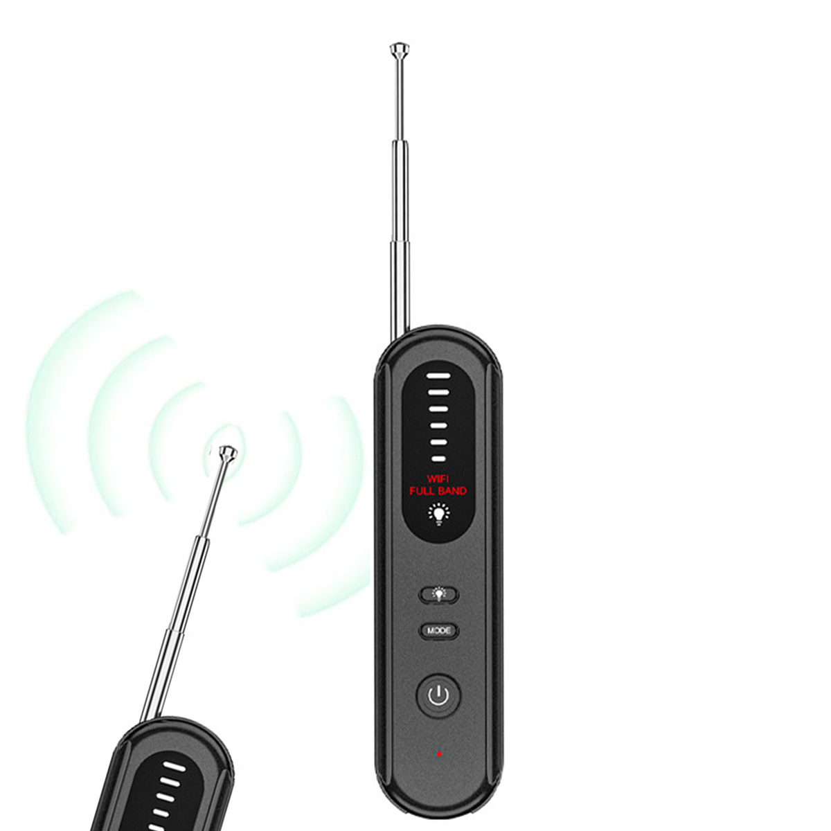 Schwarzes Handgerät mit Antenne. Es hat Kontrollleuchten und einen Ein-/Ausschalter. Der Hintergrund ist weiß.