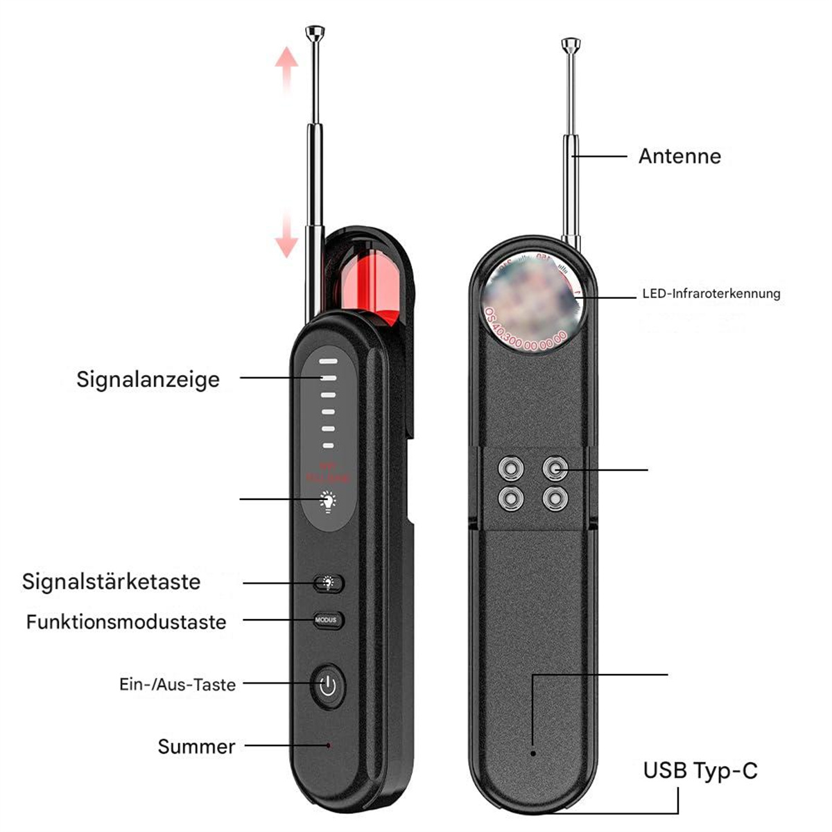Nahaufnahme eines schwarzen Geräts mit deutschen Beschriftungen. Es gibt eine Antenne und mehrere Knöpfe. Weißer Hintergrund.