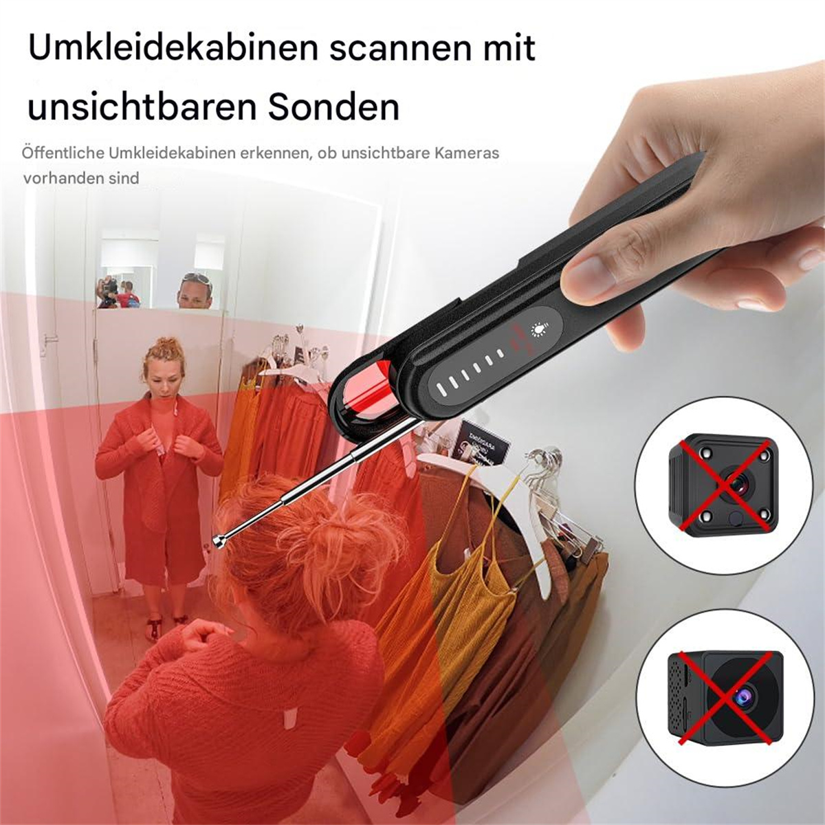Person scannt eine Kleiderstange mit einem Gerät. Das Bild zeigt ein rotes Scanlicht. Der Hintergrund ist ein Geschäft.