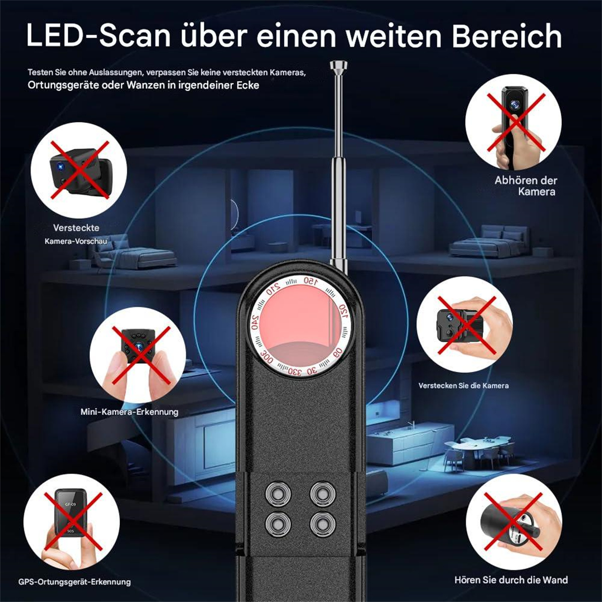 Ein schwarzes Gerät mit Antenne und rotem Licht, das versteckte Kameras anzeigt.