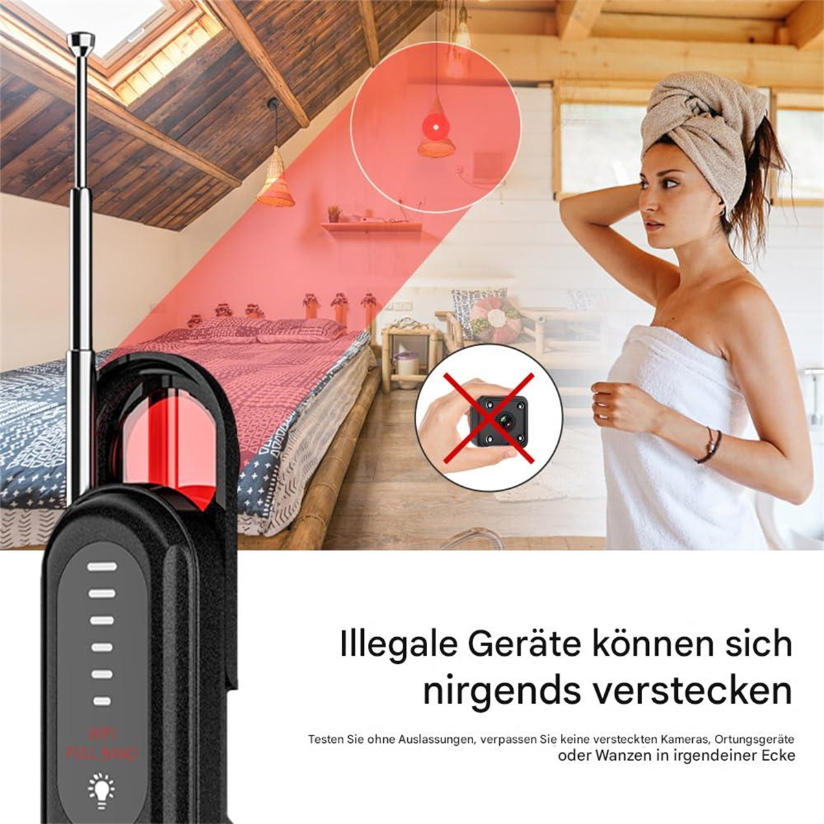 Ein Gerät mit Antenne, das Kameras erkennt. Eine Frau steht in der Nähe.