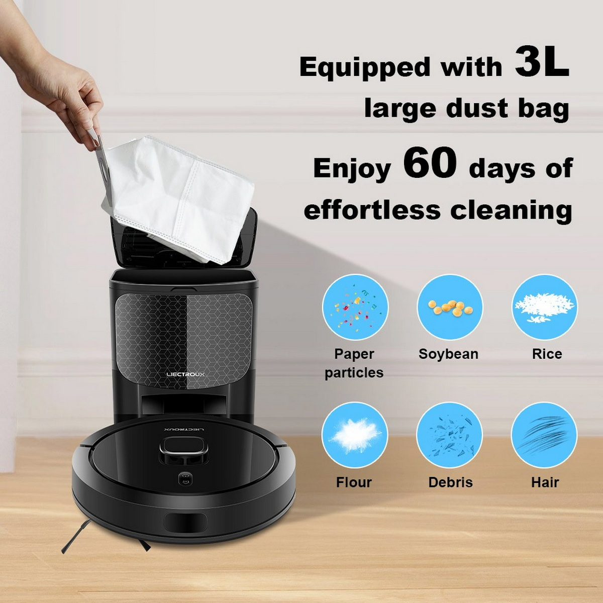 Robot odkurzający, ręka dodaje biały worek na kurz. Pokazuje różne rodzaje zanieczyszczeń.