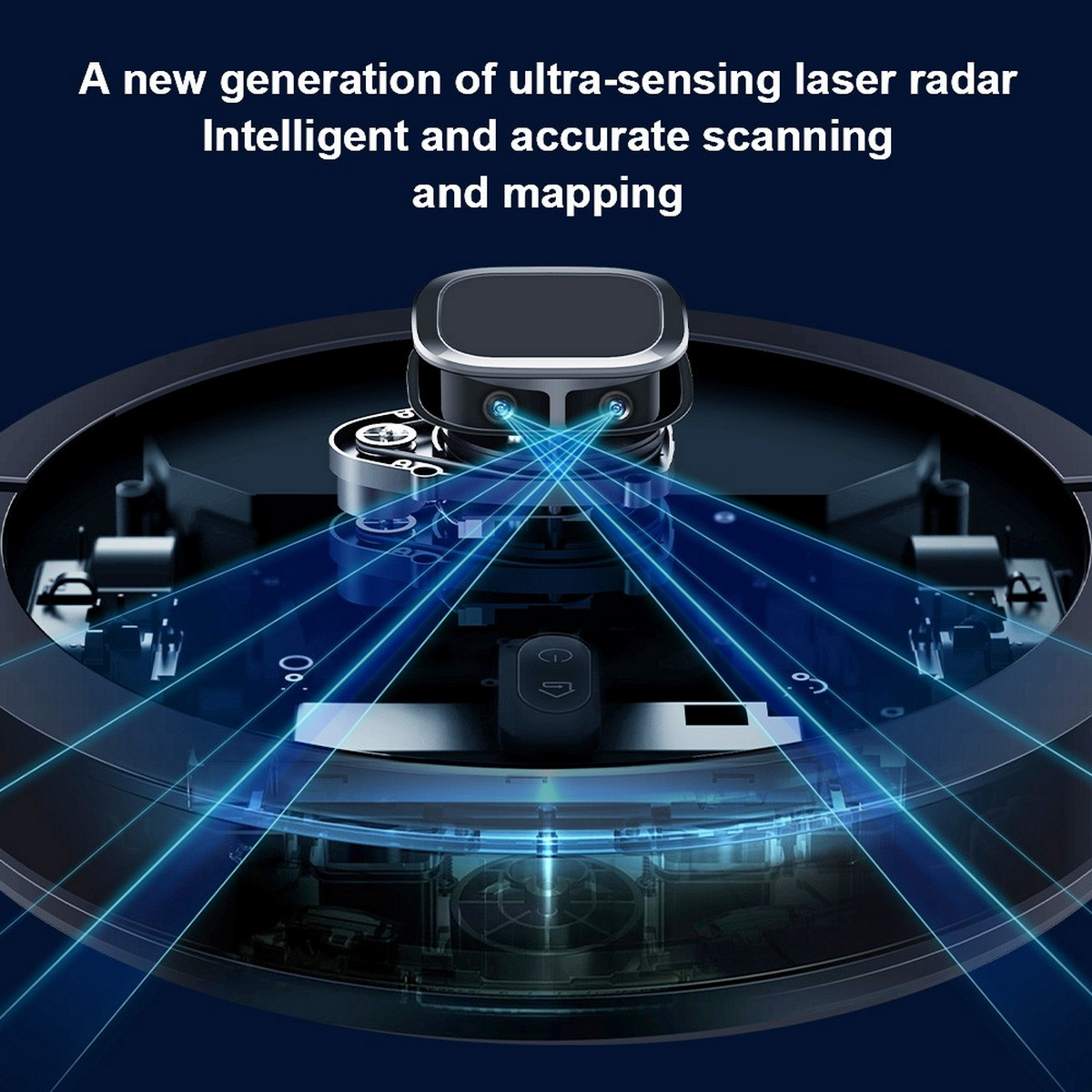 Zbliżenie czarnego robota odkurzacza z niebieskimi promieniami lasera na ciemnoniebieskim tle.