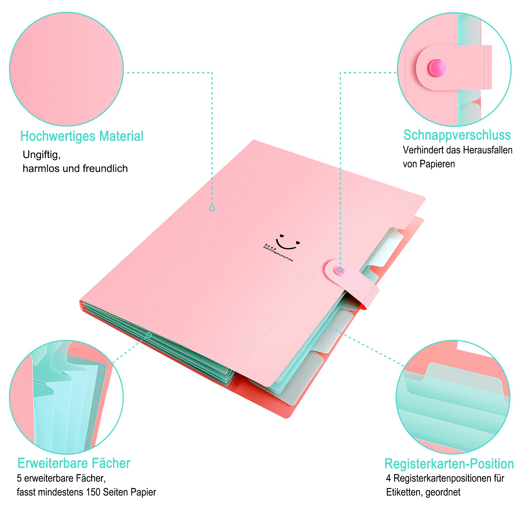 Rosa erweiterbare Aktenmappe mit Diagrammen und Beschriftungen.