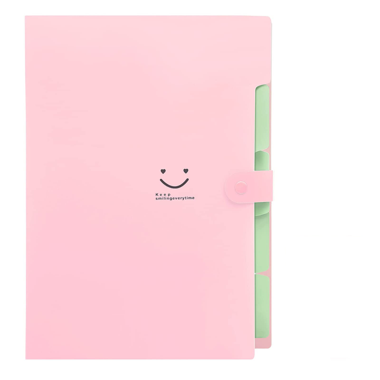Rosa Expandiermappe mit Smiley-Gesicht und dem Text 'Keep smiling everyday'.