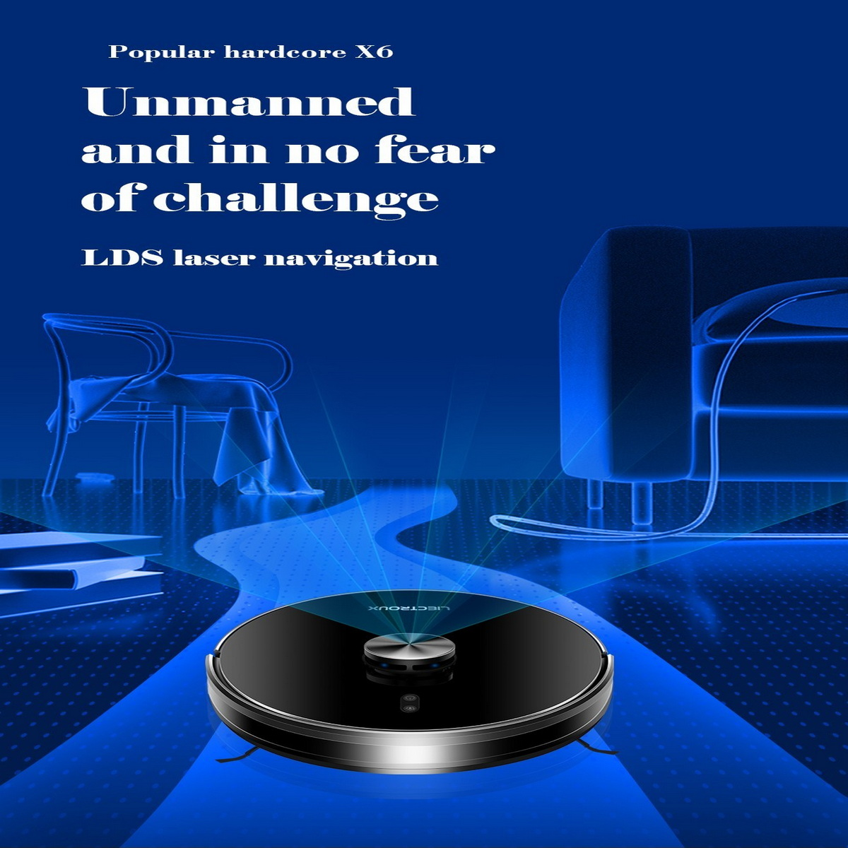 Odkurzacz robot na niebieskim, stylizowanym tle z tekstem.