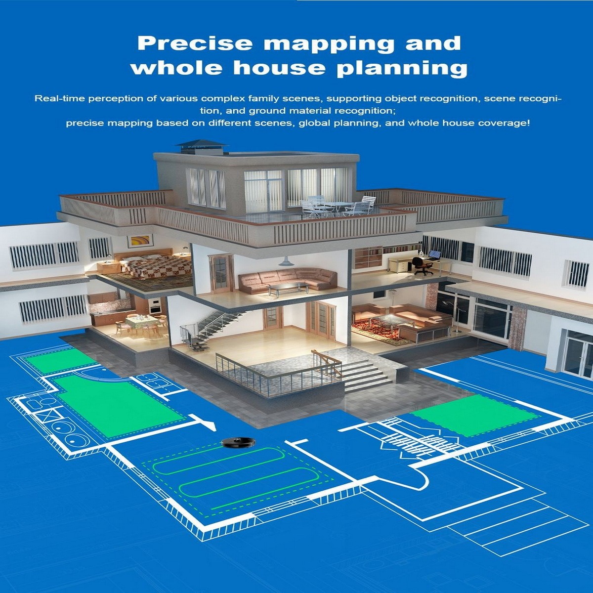 Szczegółowe renderowanie architektoniczne domu, ilustrujące precyzyjne mapowanie i planowanie całego domu przez odkurzacz.