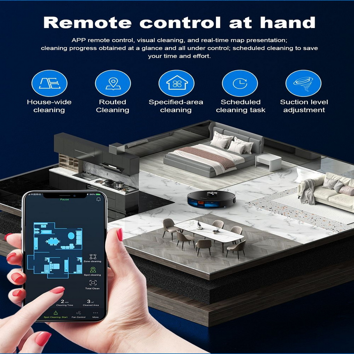 Dłoń kobiety trzymająca telefon z interfejsem aplikacji inteligentnego odkurzacza. Pokazuje plan piętra i opcje sterowania.