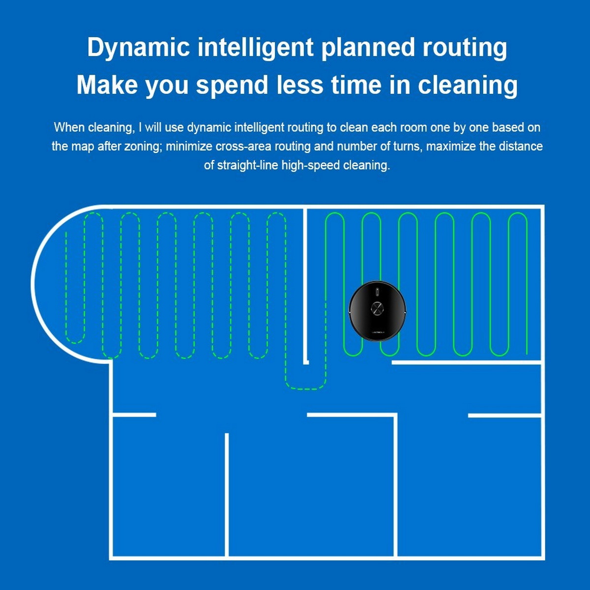 Schemat robota odkurzającego czyszczącego pomieszczenie, pokazujący zaplanowaną trasę i ścieżkę. Niebieskie linie reprezentują trasę czyszczenia.