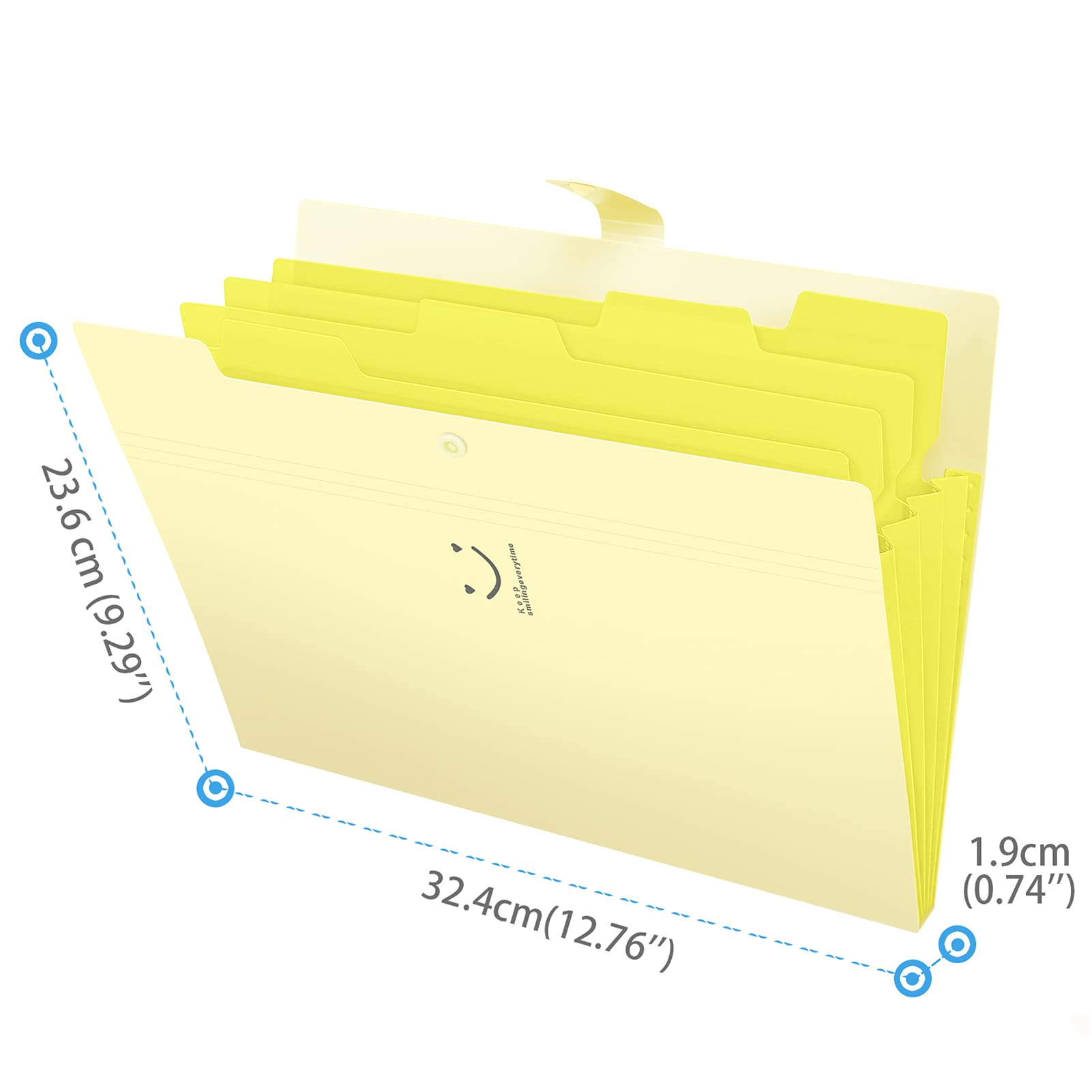 Gelbe, erweiterbare Aktenmappe mit Abmessungen. Zeigt Registerkarten und ein Smiley-Gesicht. Messpunkte sind angegeben.