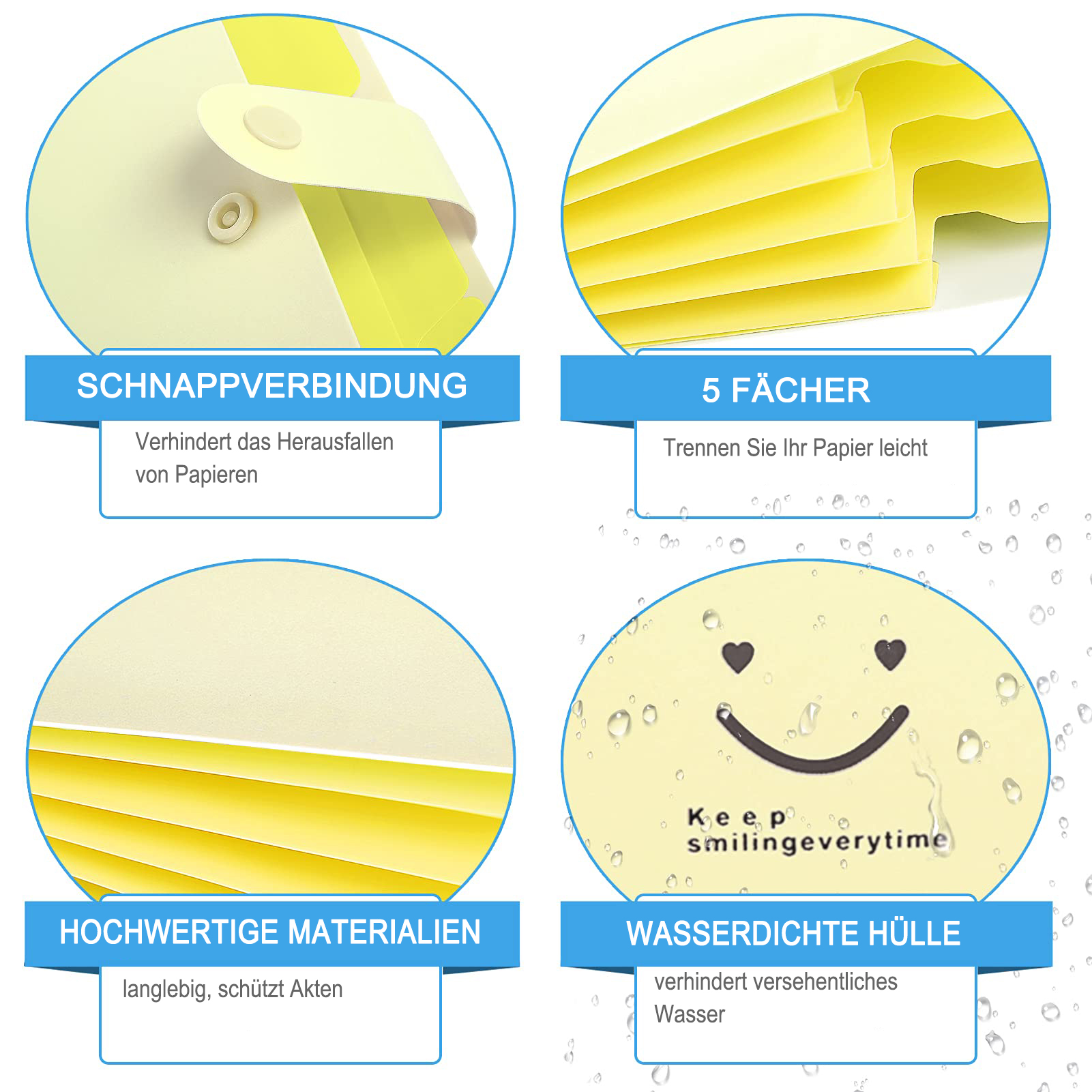 Gelbe erweiterbare Aktenmappe mit Smiley und beschrifteten Registern. Deutsche Texte.