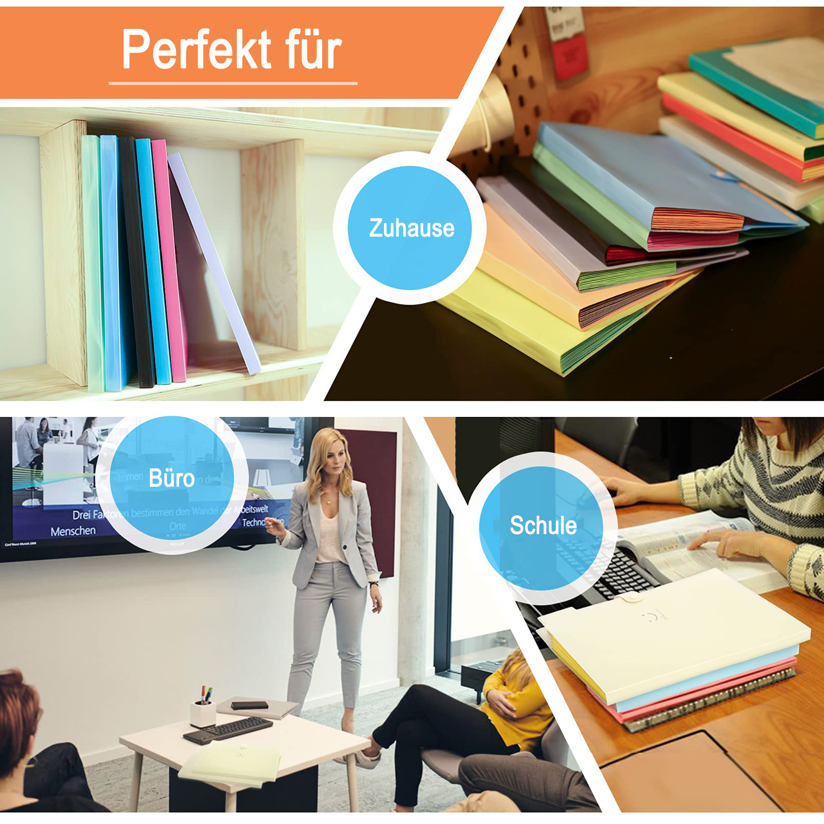 Ordner in Heim-, Büro- und Schuleinstellungen; eine Frau präsentiert.