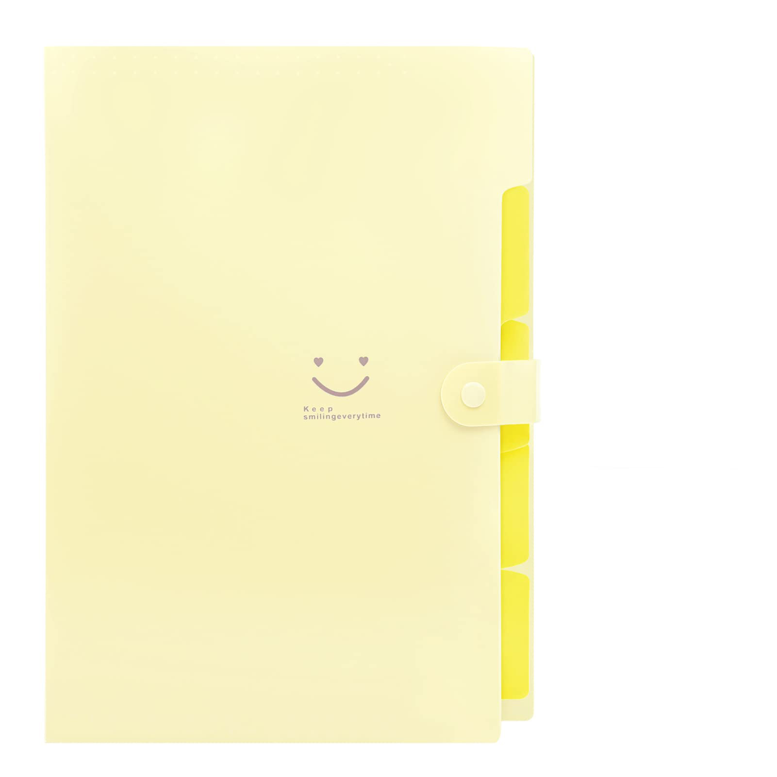 Gelber Ordner mit Smiley und Text 'Keep smiling every time'.