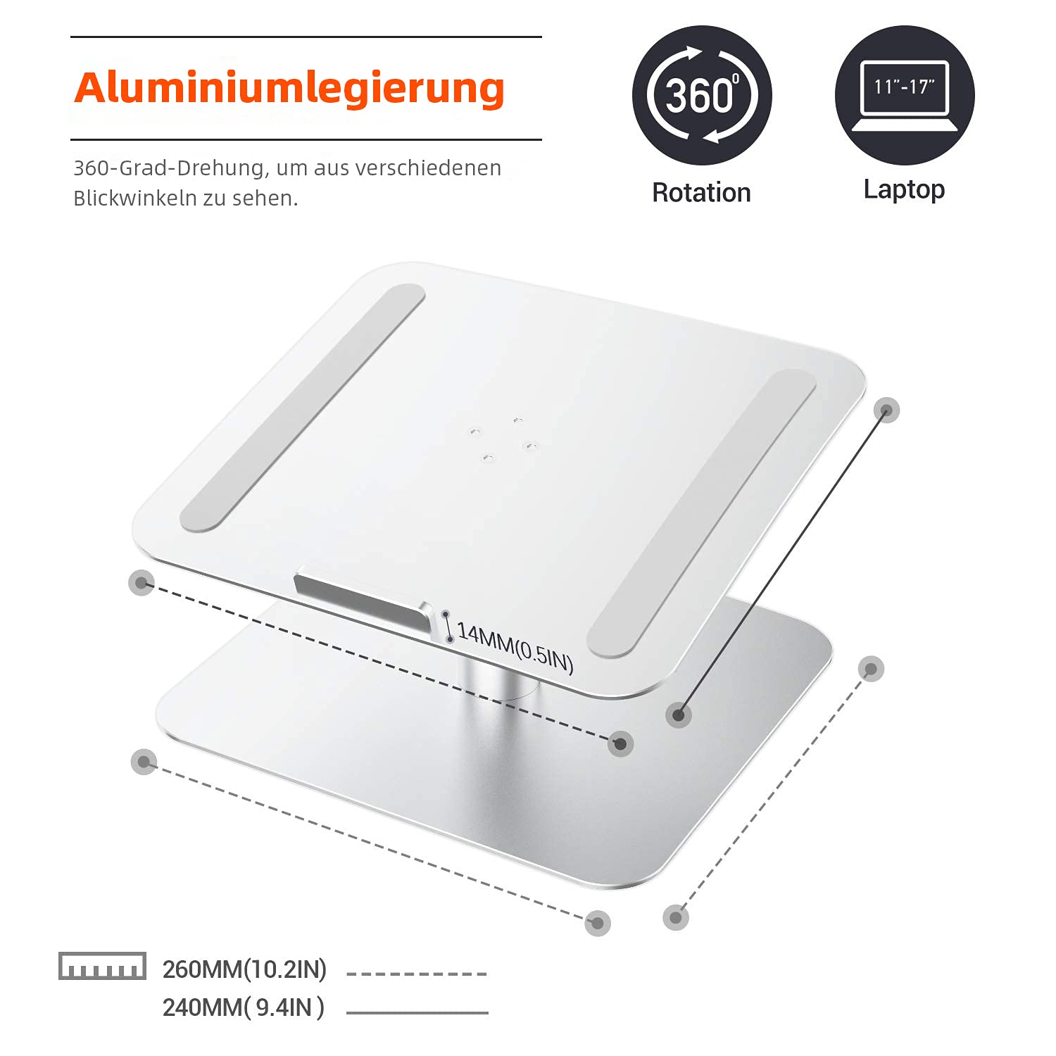 Silberner Laptopständer mit Text und Diagrammen, die Abmessungen zeigen.