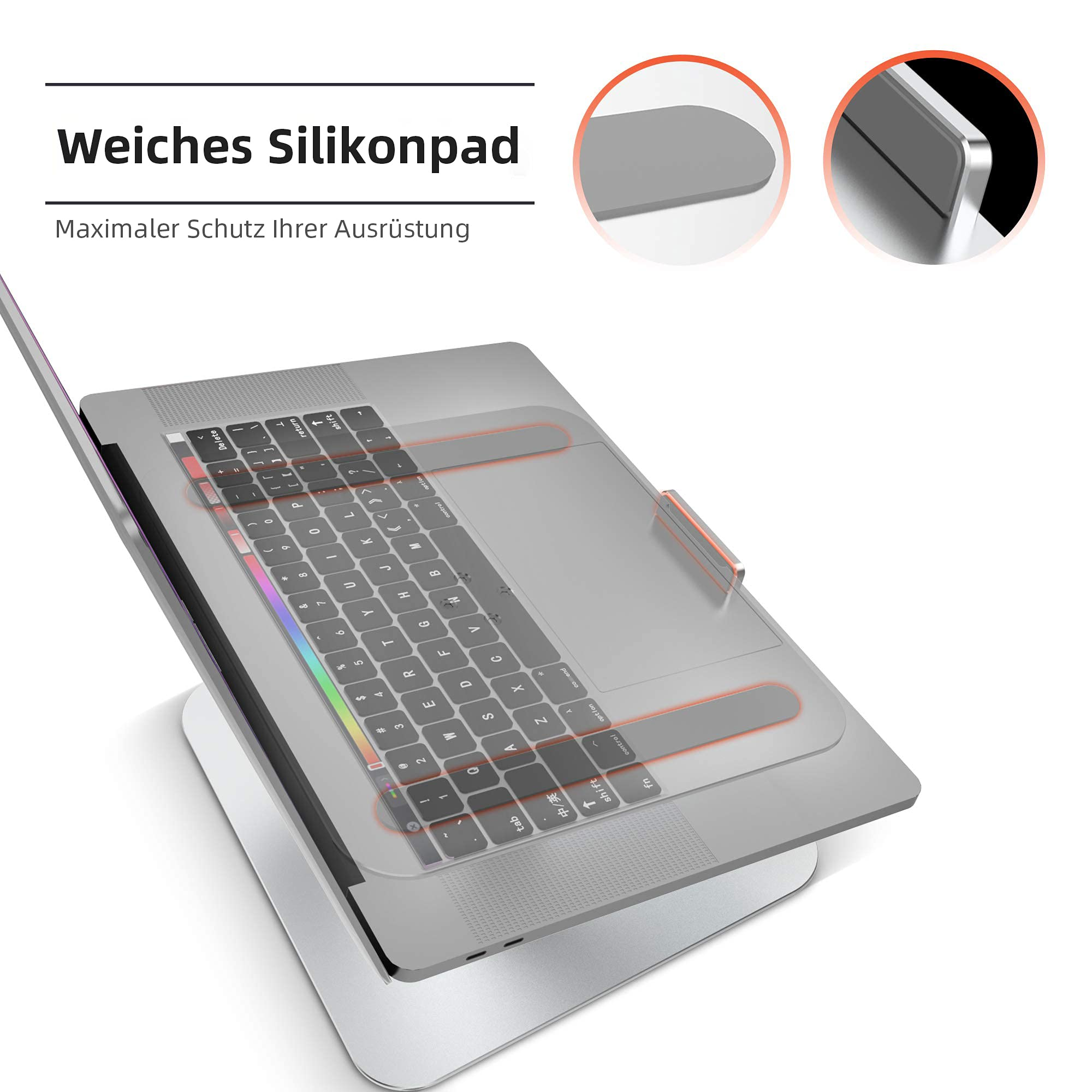 Laptop auf einem Ständer mit Schutzpad. Der Ständer ermöglicht 360-Grad-Drehung.