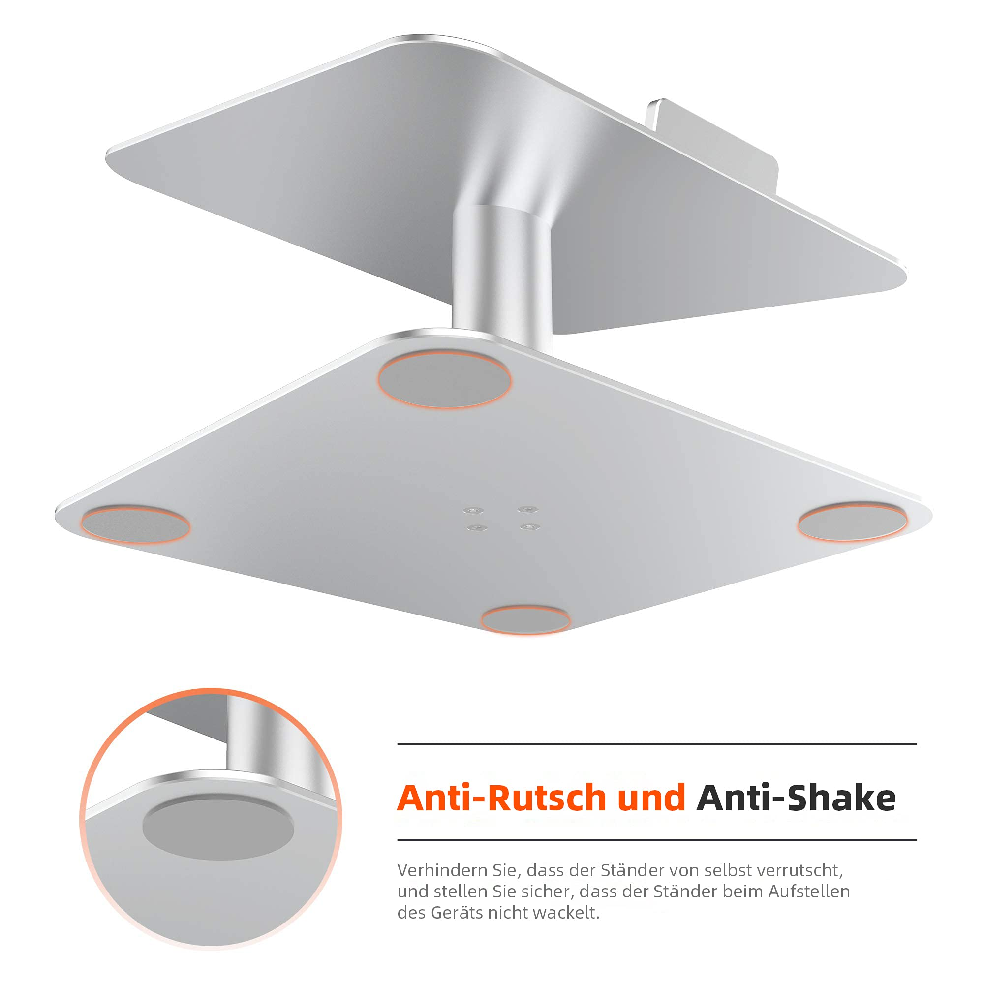 Silberner Laptopständer mit Gummipads an der Unterseite, Nahaufnahme.