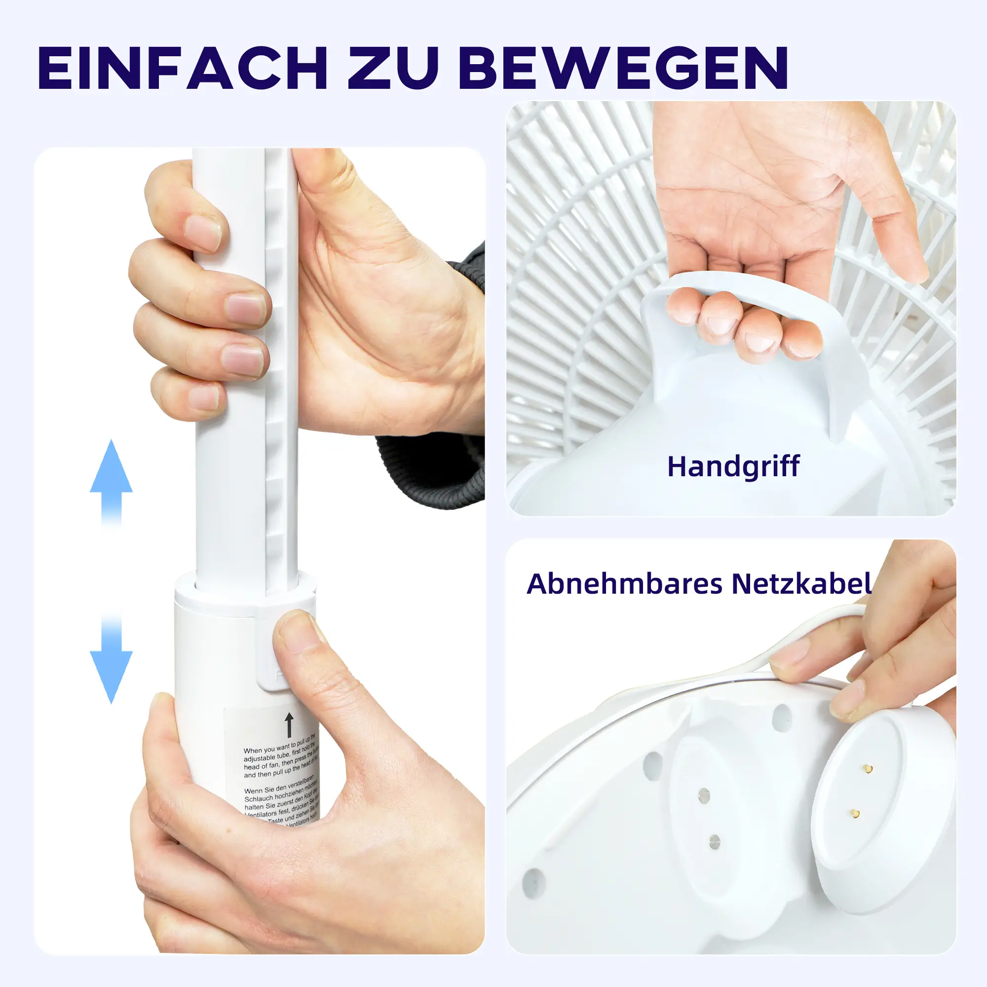 Hand hebt und entfernt Teile des Ventilators. Abnehmbares Netzkabel.