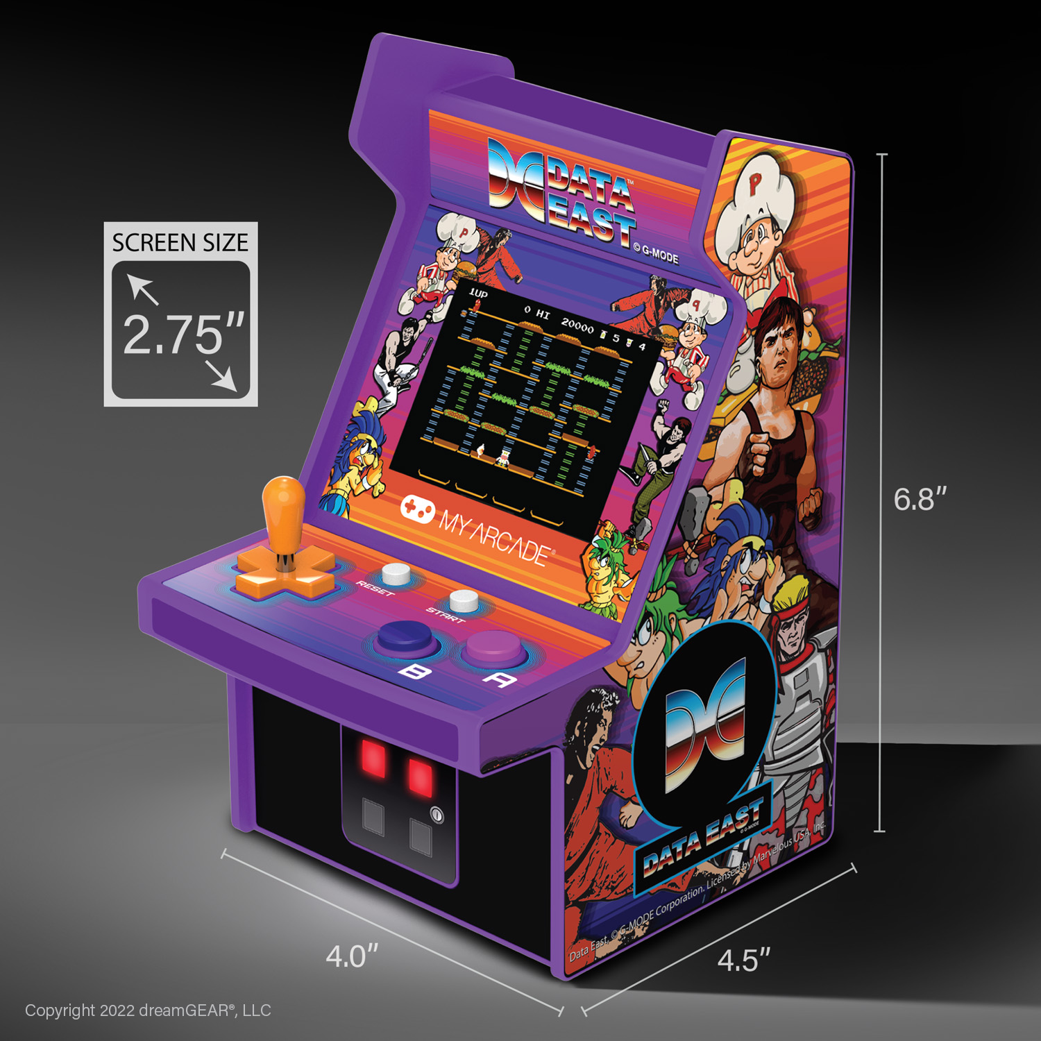 Un juego de arcade en miniatura púrpura con dimensiones etiquetadas en el lateral, que muestra el tamaño de la pantalla como 2.75 pulgadas.