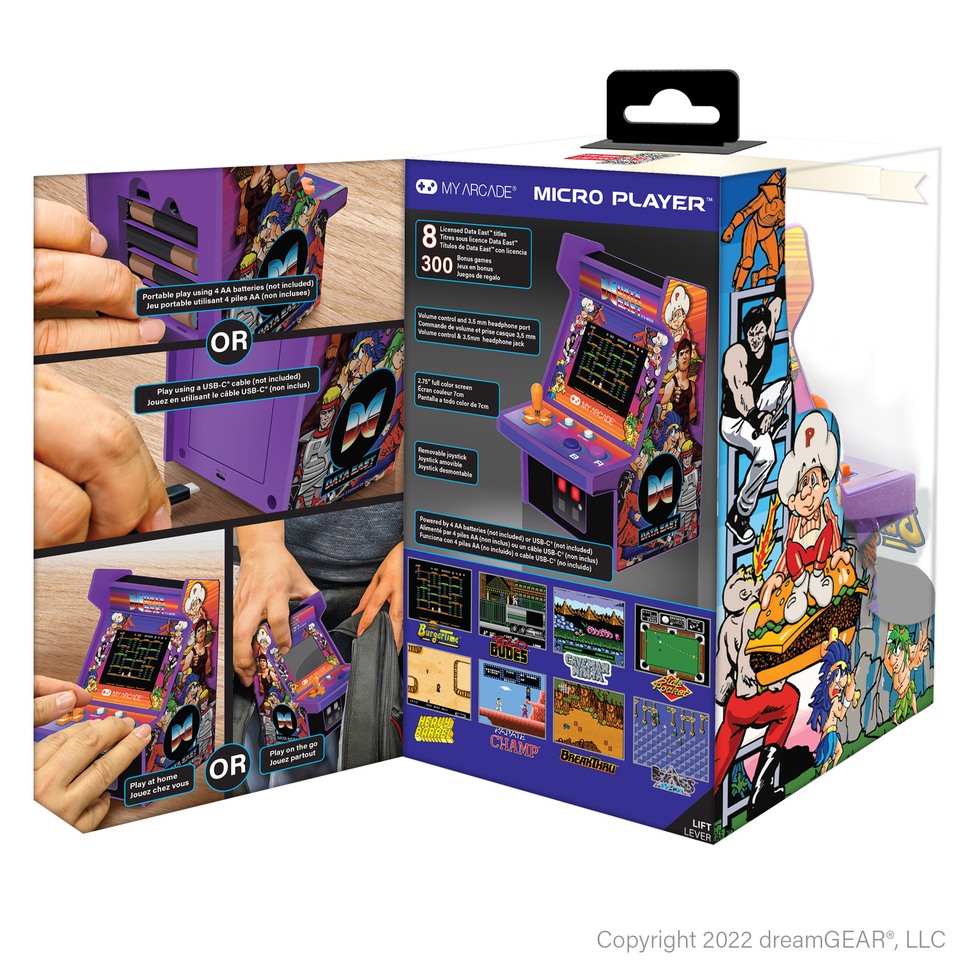 Una caja abierta que contiene un juego de arcade en miniatura púrpura con múltiples imágenes que muestran cómo jugarlo.