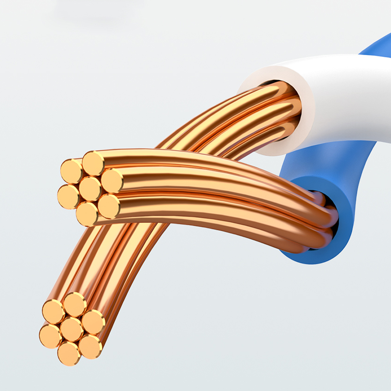 Zbliżenie przeciętego drutu z miedzianymi wiązkami, białą i niebieską obudową. Wiązki miedziane są odsłonięte.
