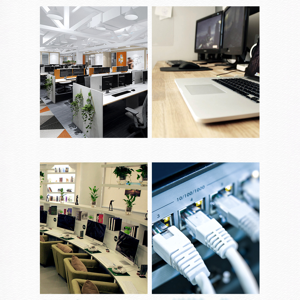 Kolaż czterech zdjęć przedstawiających przestrzenie biurowe. Zawiera biurka, komputery i sprzęt sieciowy.