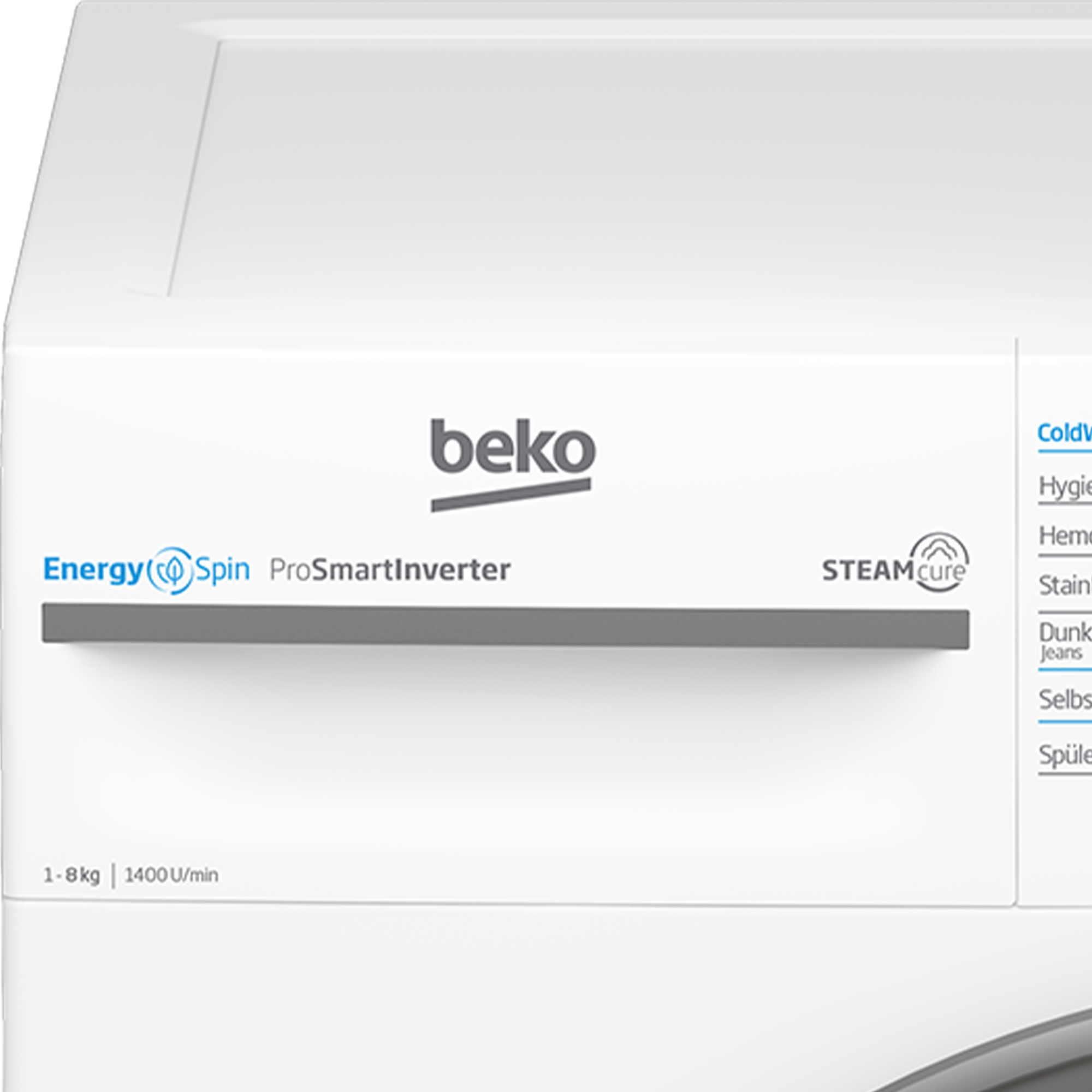 Nahaufnahme des Bedienfeldbereichs einer weißen Beko Waschmaschine, Hervorhebung der Marke und Funktionen.