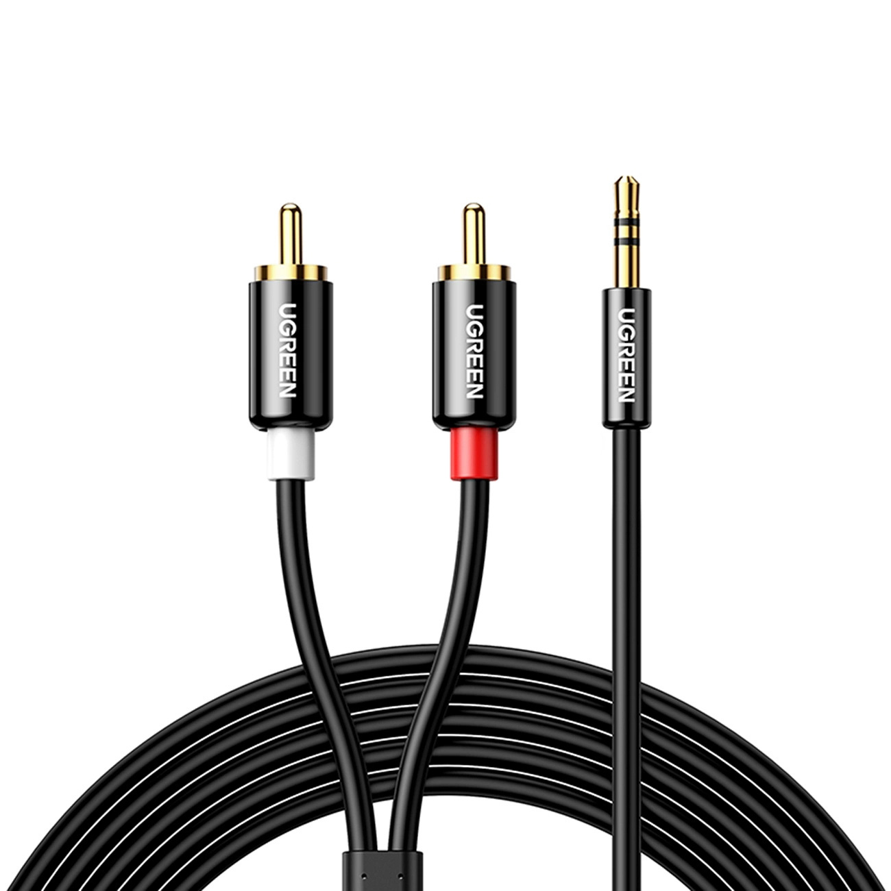 Trzy kable audio UGREEN: RCA biały i czerwony oraz czarny kabel jack.